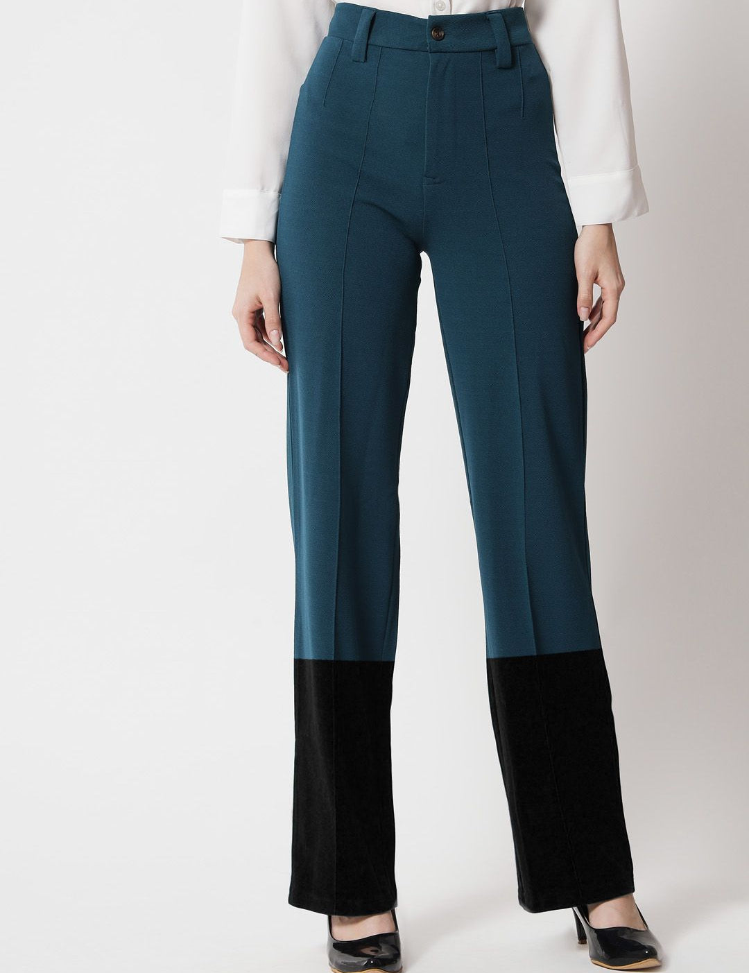 Kotty Women Colourblocked  Regular Fit High-Rise Easy Wash Trousers