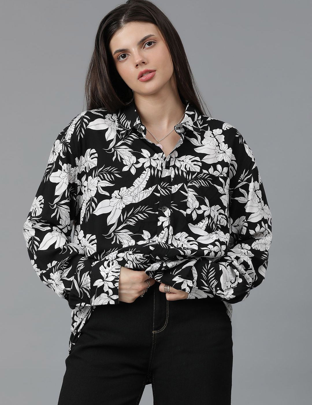 Kotty Women Spread Collar Floral Printed Cotton Oversized Casual Shirt
