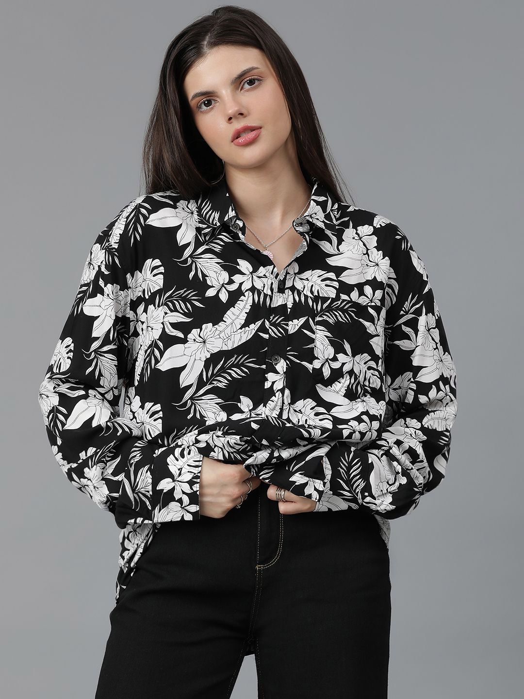 Kotty Women Spread Collar Floral Printed Cotton Oversized Casual Shirt