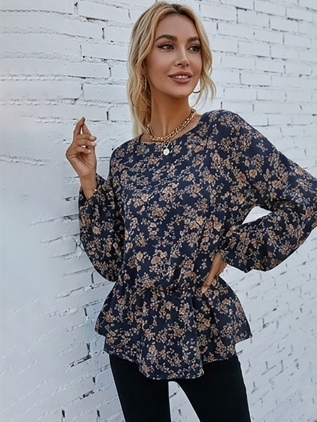 Kotty Top Indigo Blue Women's Round Long-Sleeve Fashion