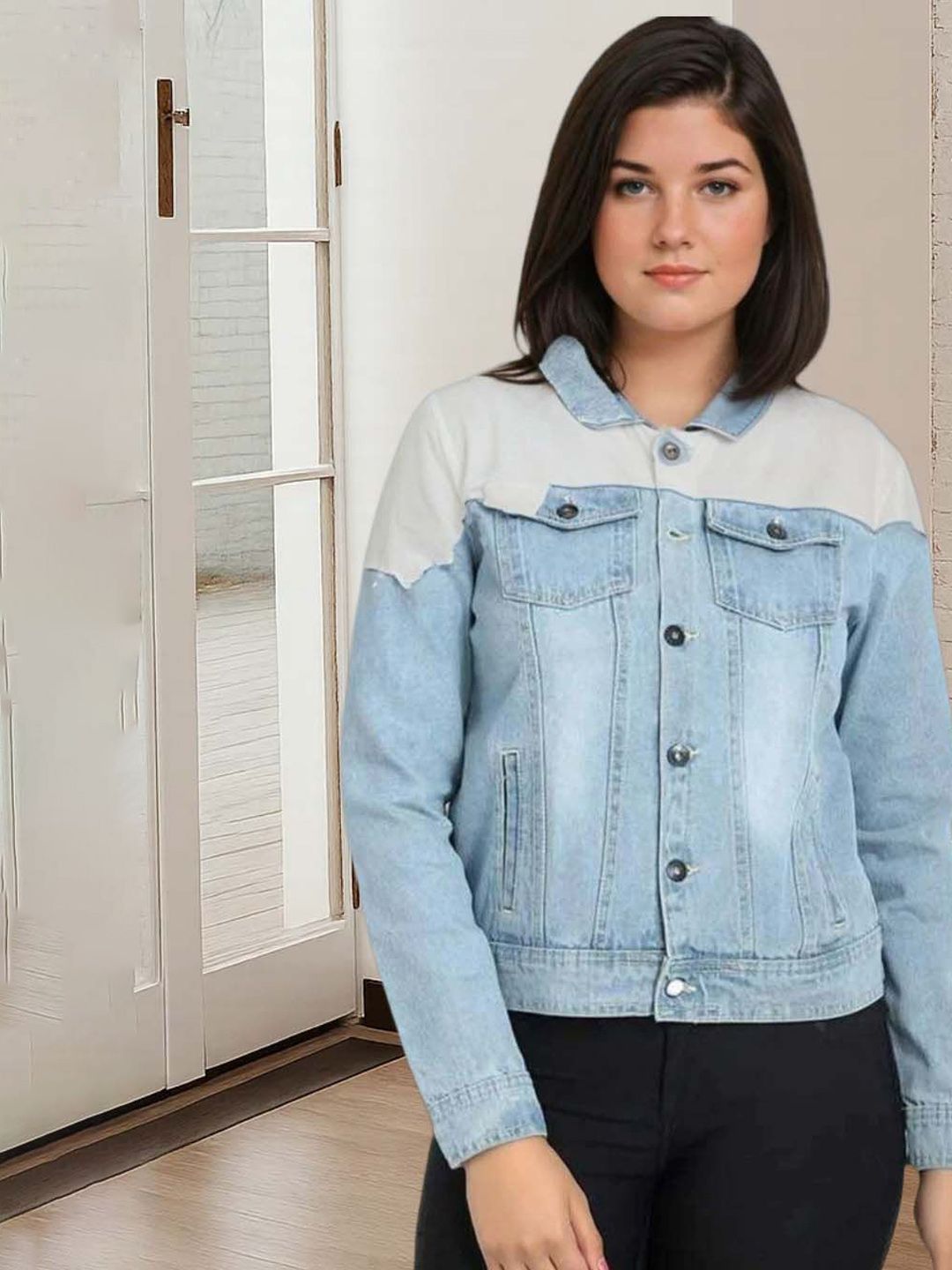 Kotty Women Spread Collar Solid Denim Jacket