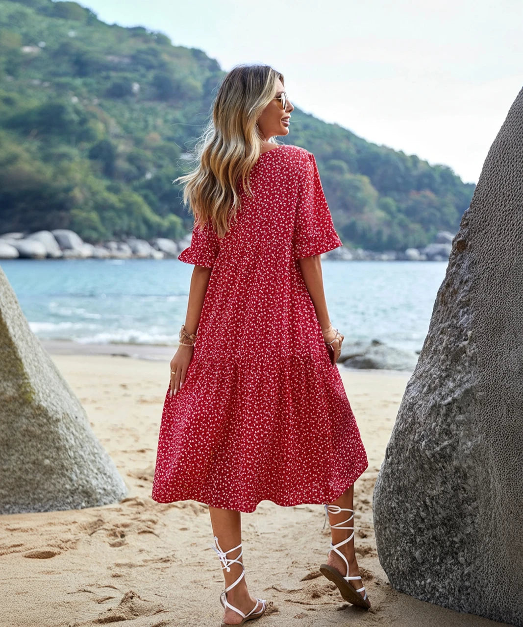 Kotty Women's Red Polka Dot Printed Midi Beach Dress
