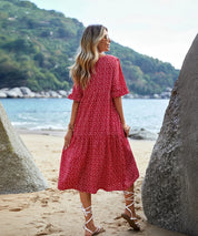 Kotty Women's Red Polka Dot Printed Midi Beach Dress