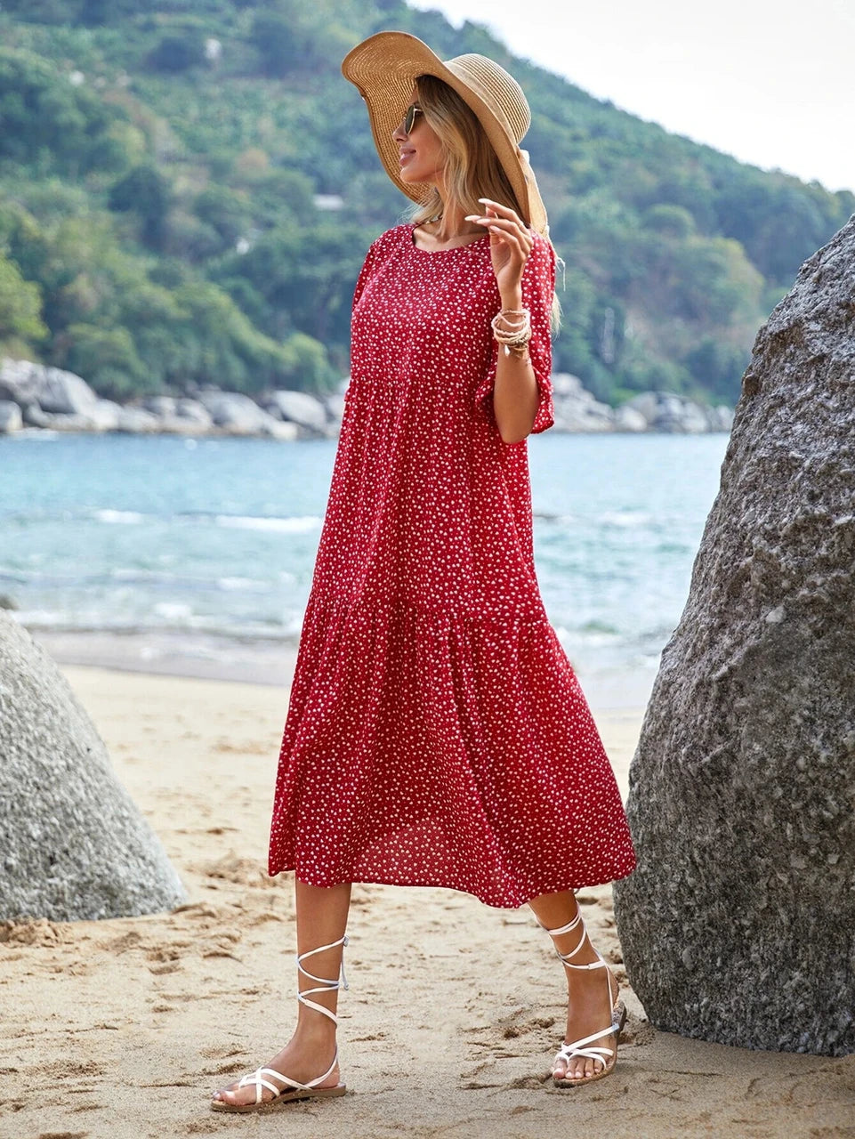 Kotty Women's Red Polka Dot Printed Midi Beach Dress