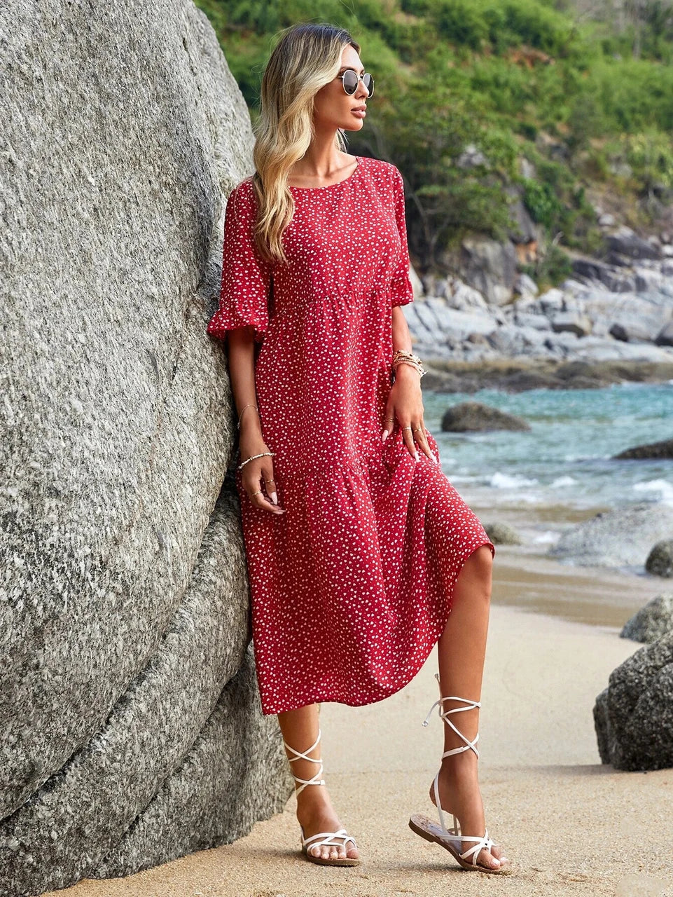 Kotty Women's Red Polka Dot Printed Midi Beach Dress