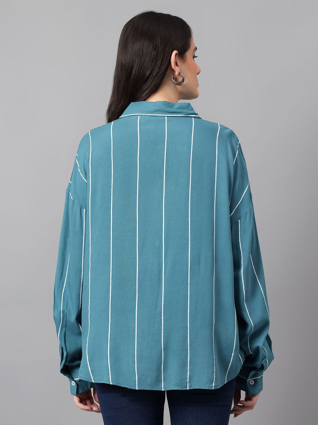 Kotty Women Comfort Spread Collar Vertical Striped Cotton Oversized Casual Shirt