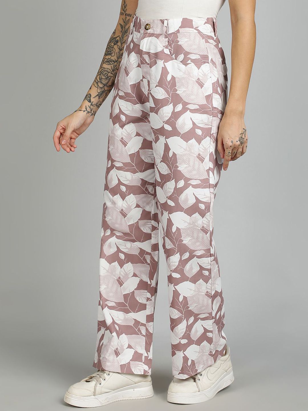 Kotty Women Cotton Floral Printed Straight Fit High-Rise Easy Wash Trousers
