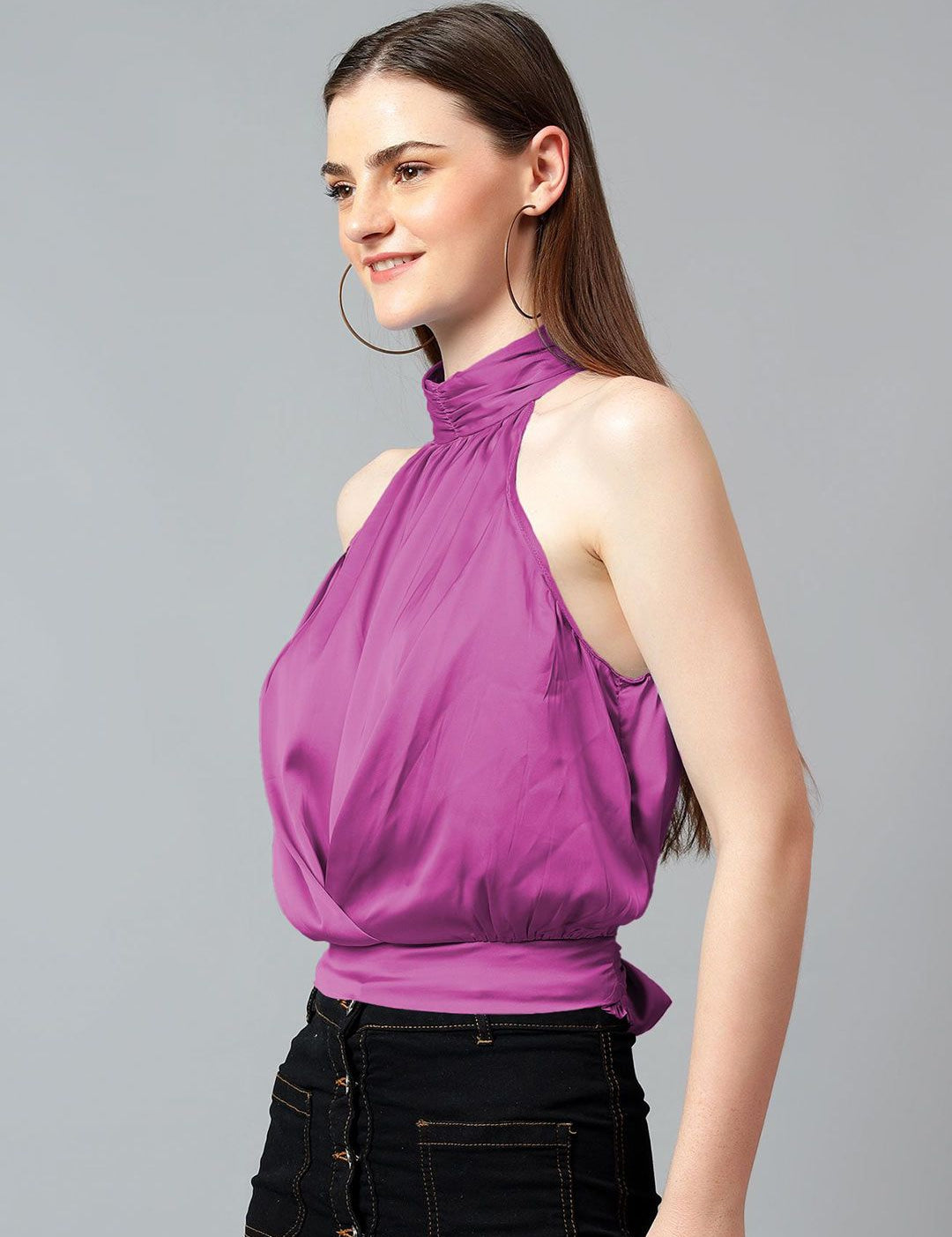Kotty Women Solid Halter Neck Satin Top