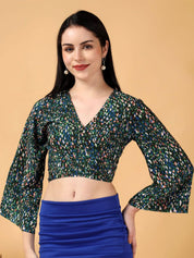 Kotty Floral Print Bell Sleeve Crepe Wrap Crop Top