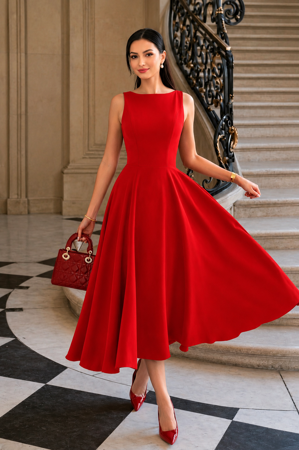 KOTTY Red Sleeveless Boat Neck A-Line Midi Flare Dress