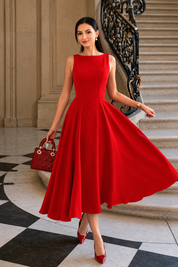 KOTTY Red Sleeveless Boat Neck A-Line Midi Flare Dress