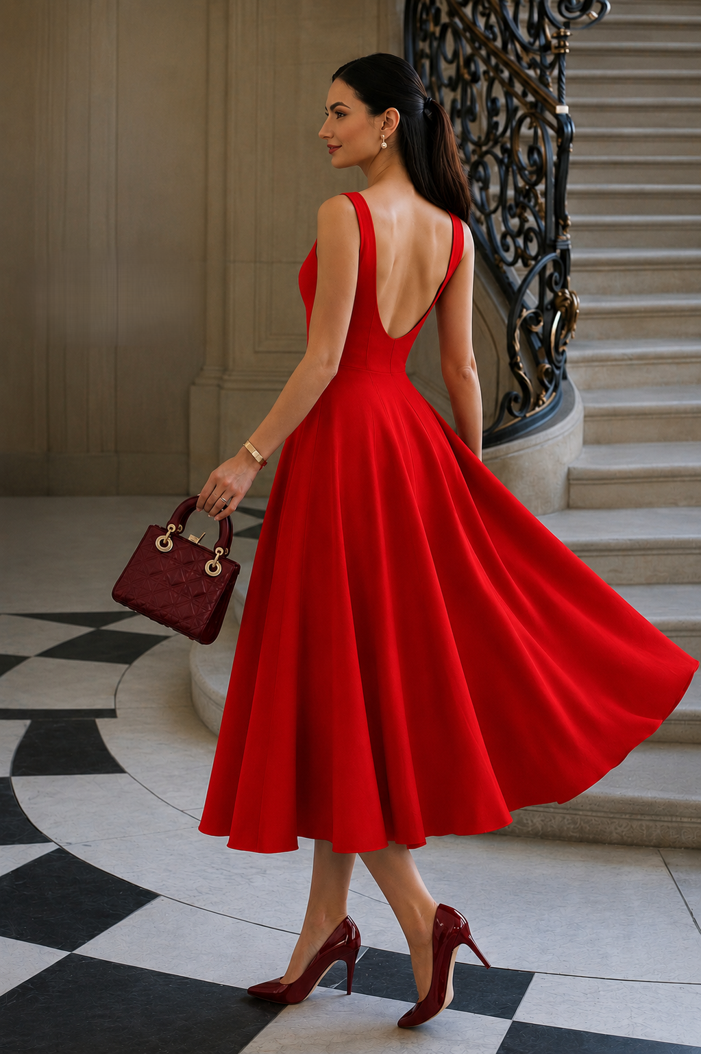 KOTTY Red Sleeveless Boat Neck A-Line Midi Flare Dress