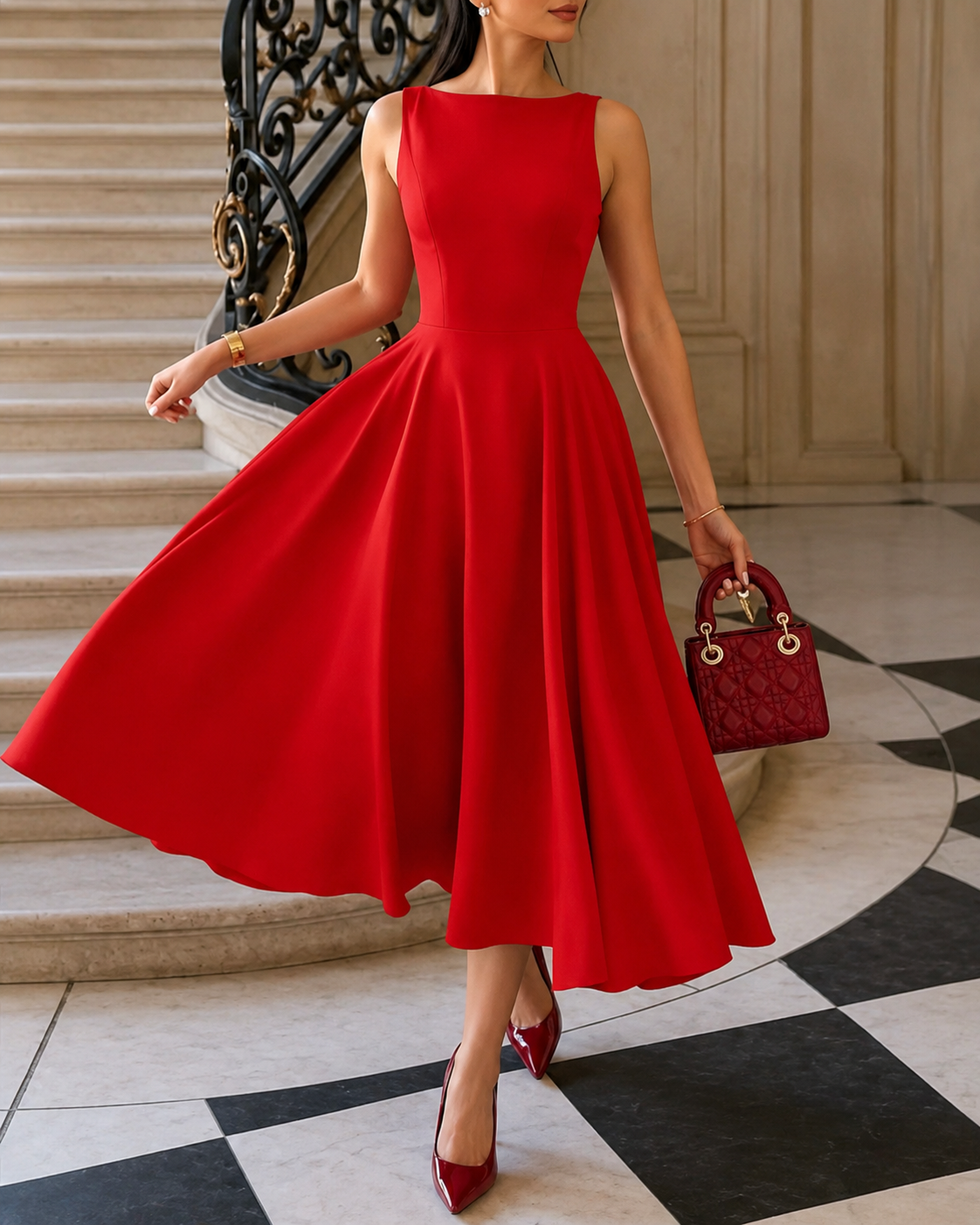 KOTTY Red Sleeveless Boat Neck A-Line Midi Flare Dress