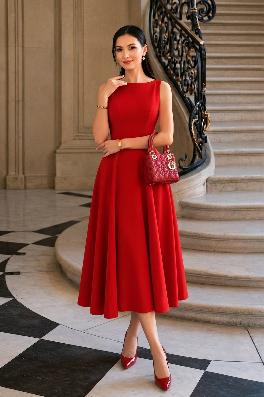 KOTTY Red Sleeveless Boat Neck A-Line Midi Flare Dress