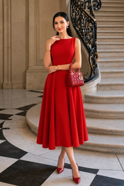 KOTTY Red Sleeveless Boat Neck A-Line Midi Flare Dress