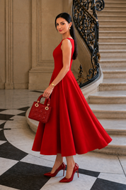 KOTTY Red Sleeveless Boat Neck A-Line Midi Flare Dress