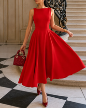 KOTTY Red Sleeveless Boat Neck A-Line Midi Flare Dress