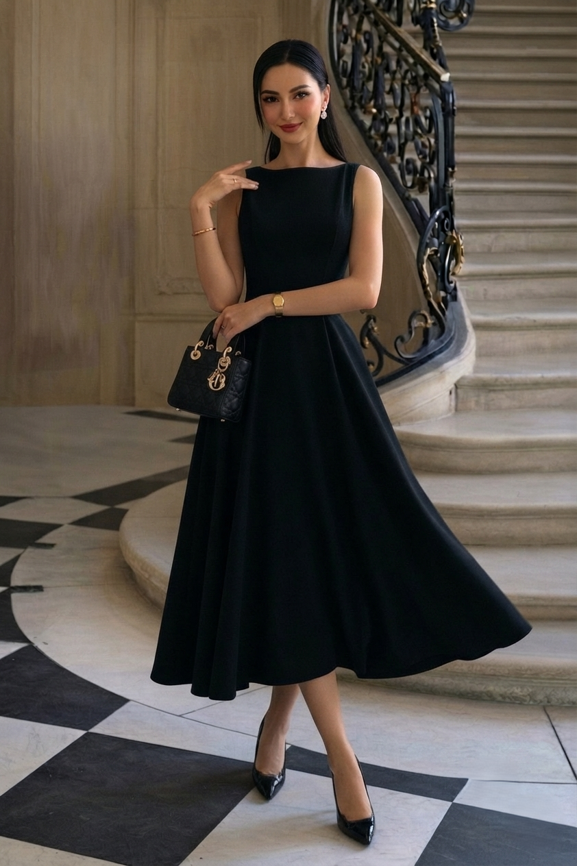 KOTTY Black Sleeveless Boat Neck A-Line Midi Flare Dress