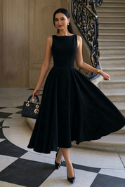 KOTTY Black Sleeveless Boat Neck A-Line Midi Flare Dress