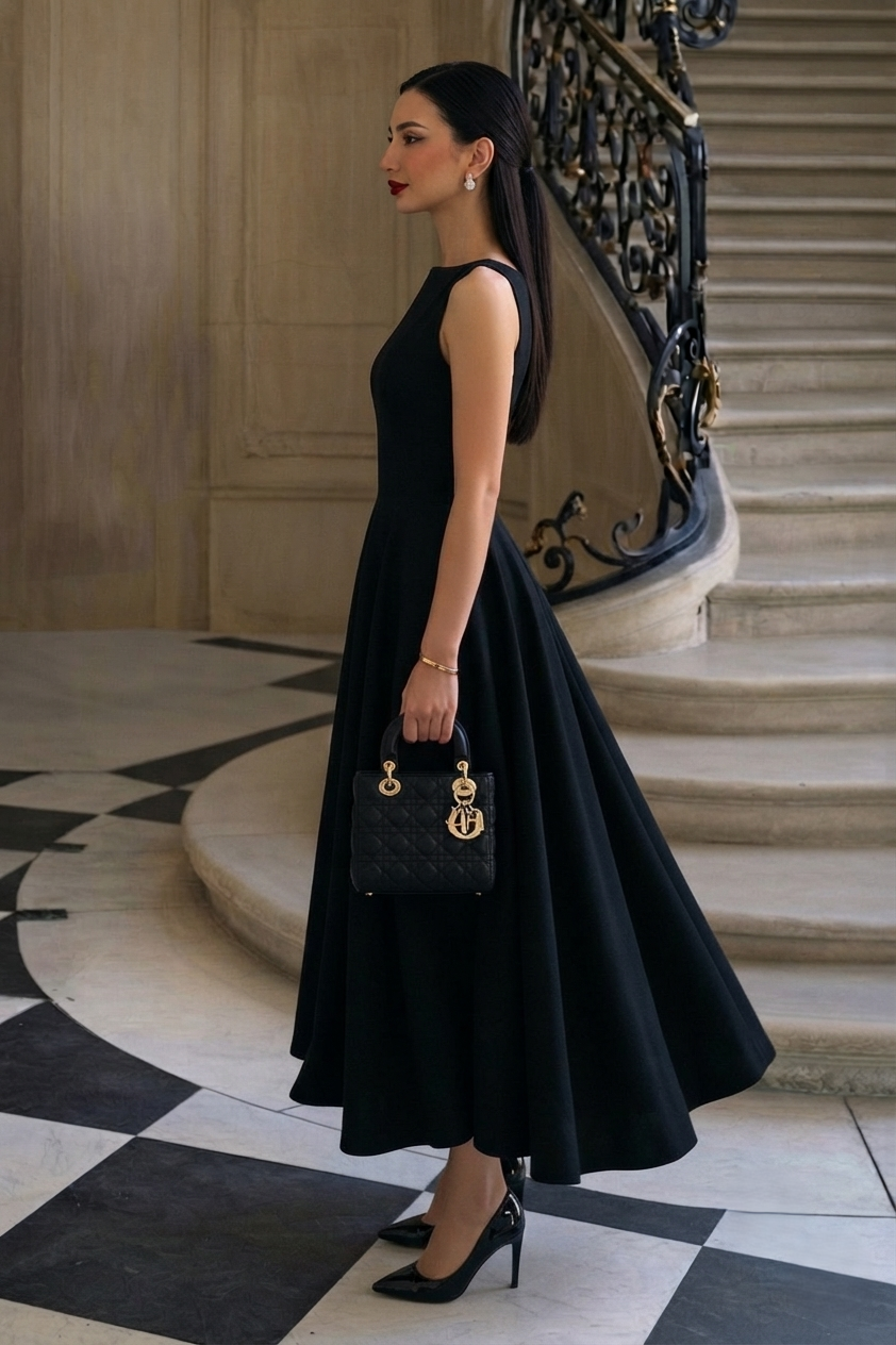 KOTTY Black Sleeveless Boat Neck A-Line Midi Flare Dress