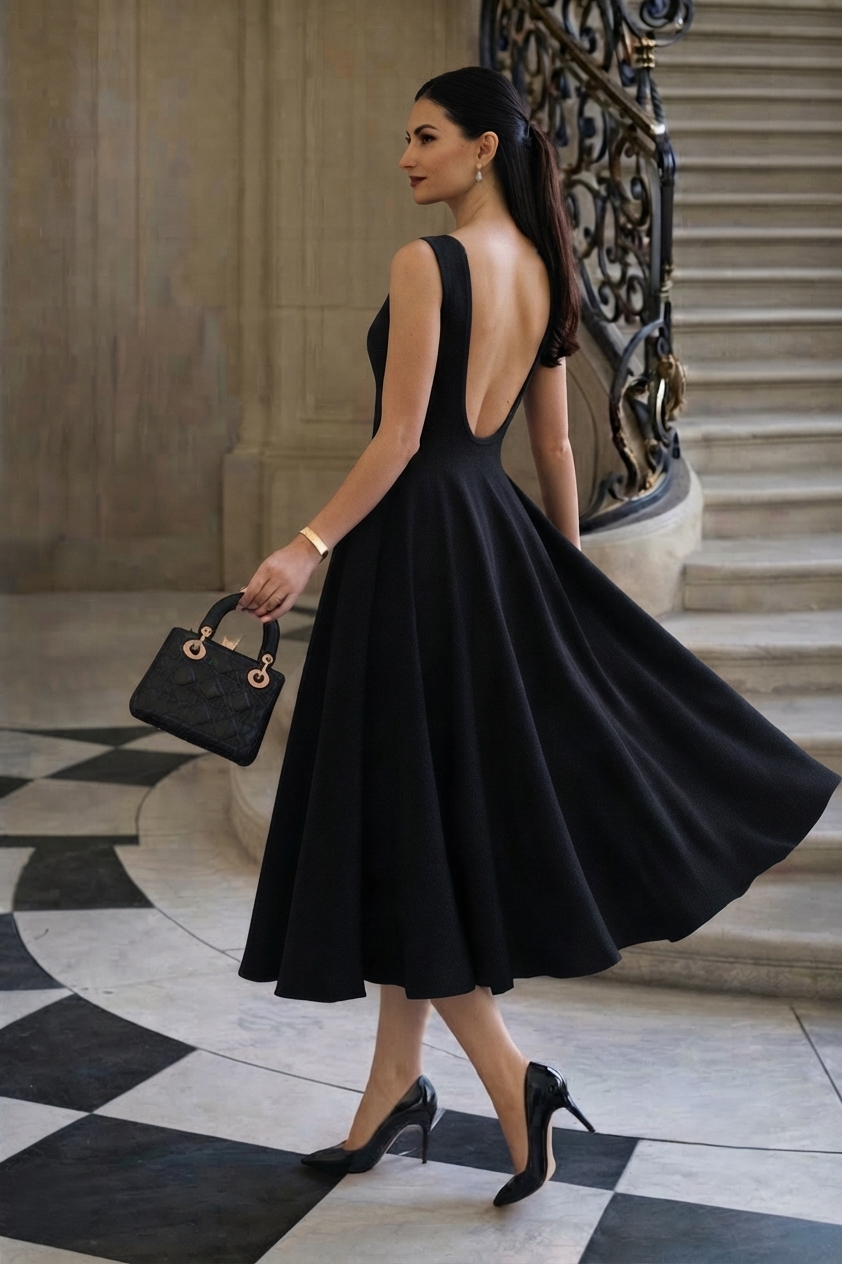 KOTTY Black Sleeveless Boat Neck A-Line Midi Flare Dress