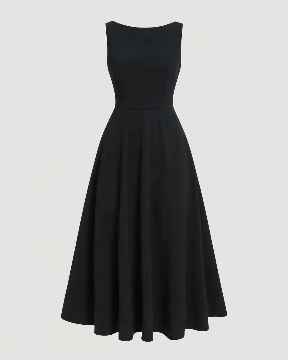 KOTTY Black Sleeveless Boat Neck A-Line Midi Flare Dress