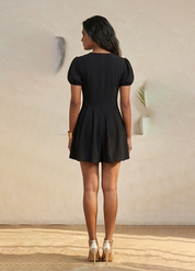 Black Puff Sleeve V-Neck Pintuck Fit Flare Dress