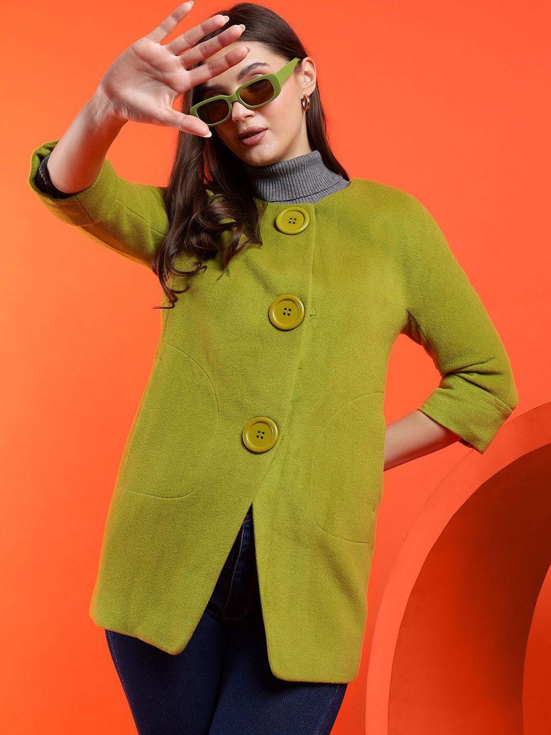 Kotty Band Collar Long Sleeves Overcoat