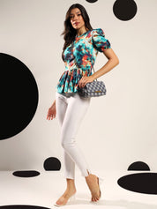 Kotty Women Abstract Printed Round Neck Puff Sleeve Peplum Top