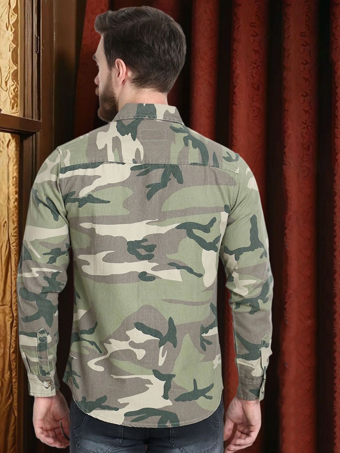 Kotty Men Spread Collar Camouflage Printed Denim Cotton Jacket