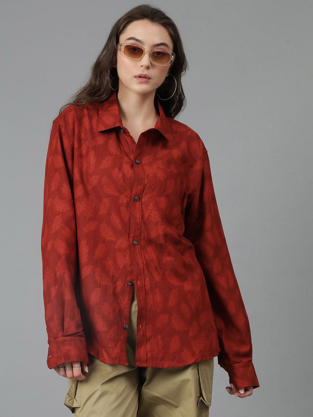 Kotty Women Spread Collar Floral Printed Cotton Oversized Casual Shirt