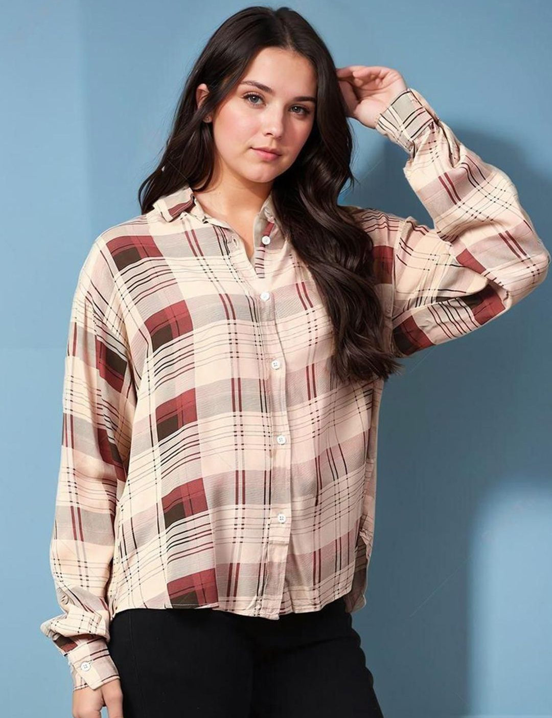 Kotty Women Spread Collar Tartan Checked Cotton Casual Shirt