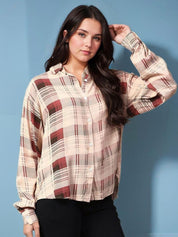 Kotty Women Spread Collar Tartan Checked Cotton Casual Shirt