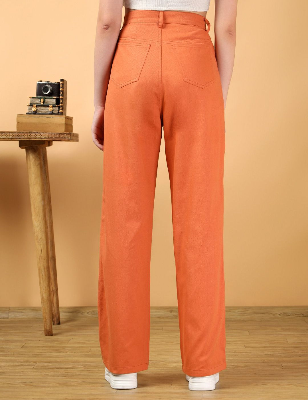 Kotty Women Solid Orange High-Waist Straight fit Easy Wash Trousers