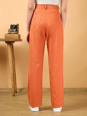 Kotty Women Solid Orange High-Waist Straight fit Easy Wash Trousers