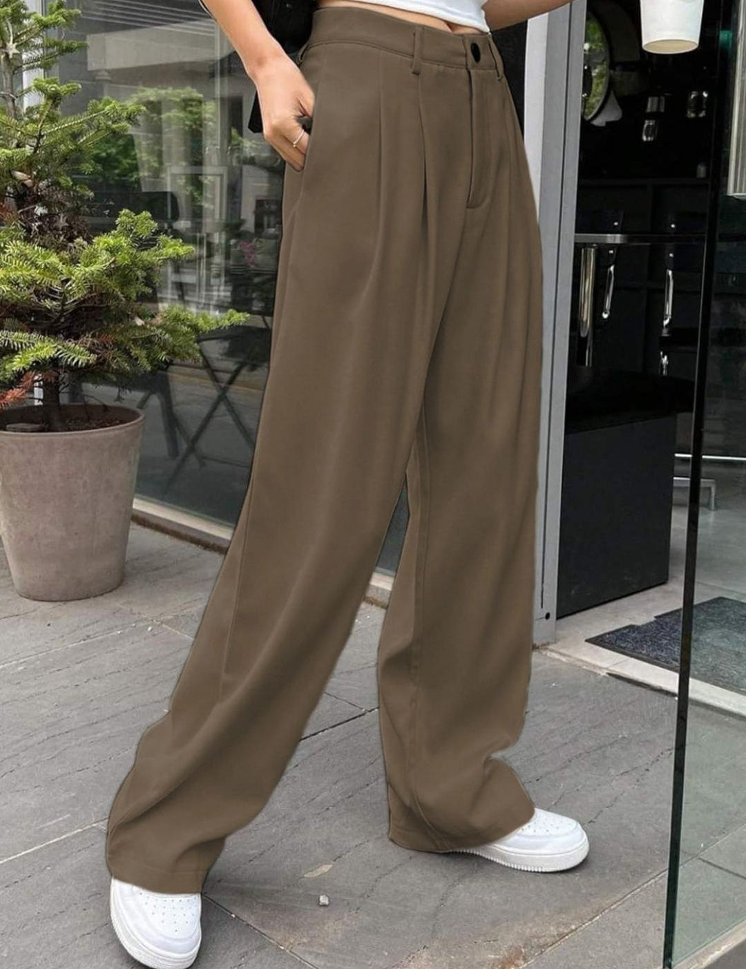 Kotty Women Relaxed Straight Leg Wide Leg High-Rise Pleated Trousers