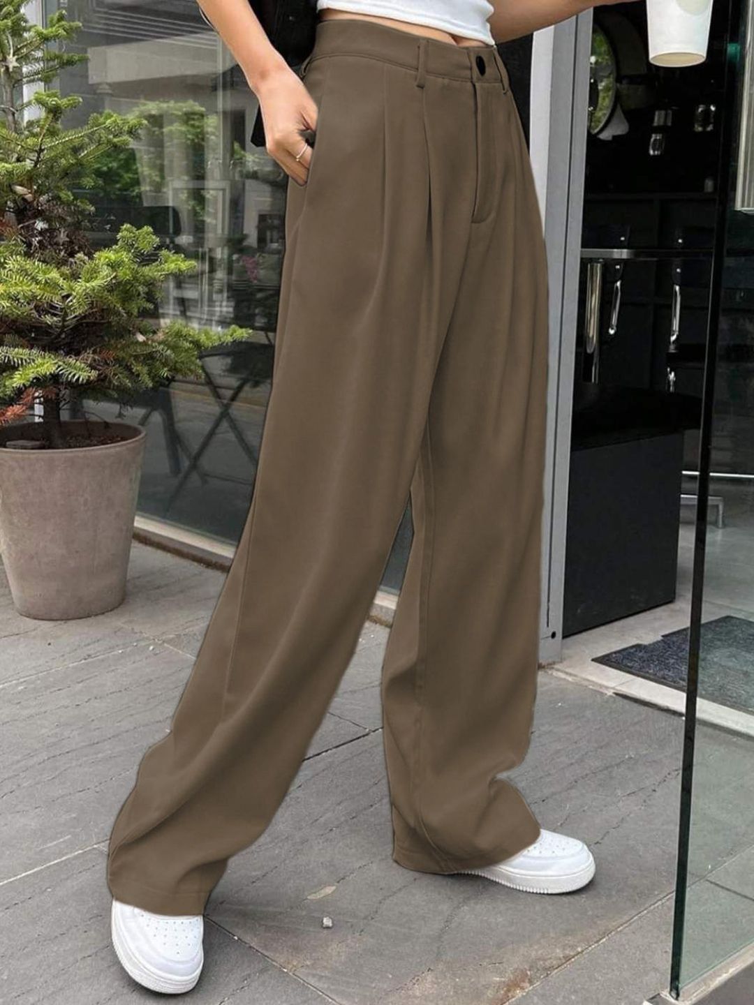 Kotty Women Relaxed Straight Leg Wide Leg High-Rise Pleated Trousers