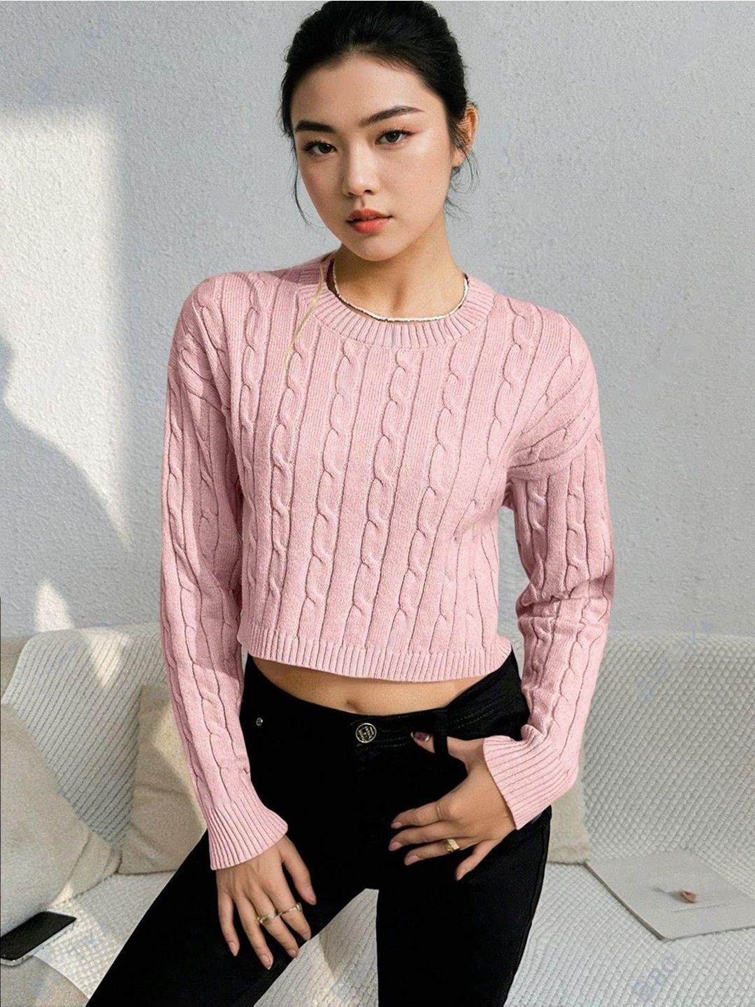 Kotty Women Cable Knit Round Neck Long Sleeves Crop Pullover Sweaters