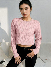 Kotty Women Cable Knit Round Neck Long Sleeves Crop Pullover Sweaters