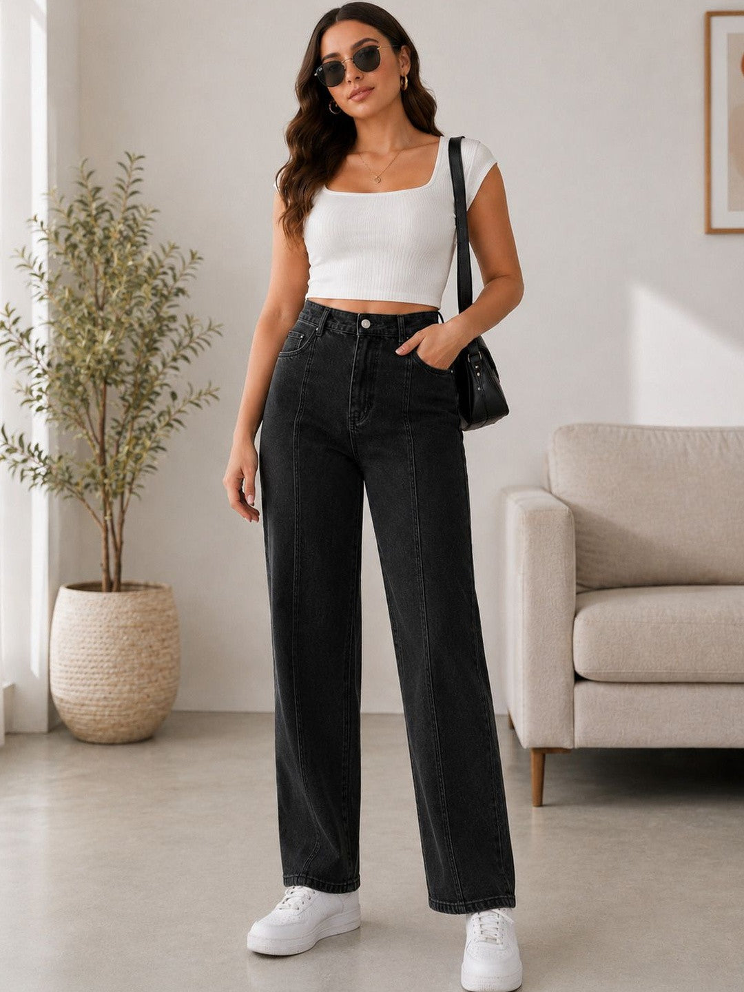 Women's Black High-Waisted Wide-Leg Jeans Online
