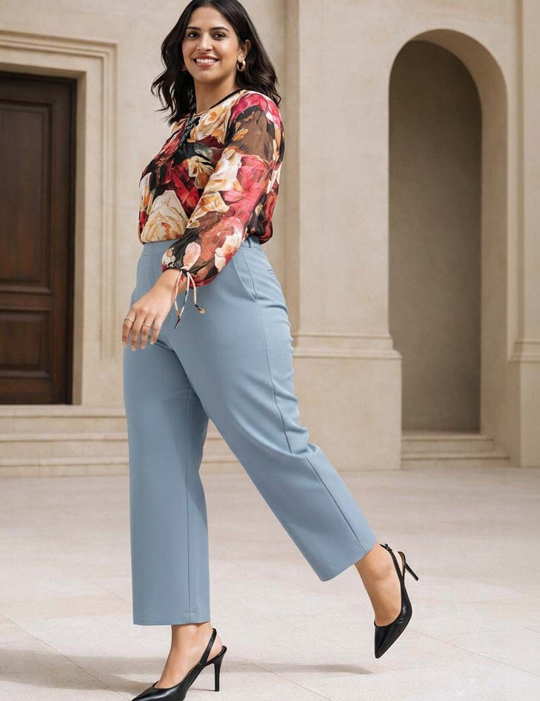 Blue Straight Fit High-Rise Trousers for Women | Kotty
