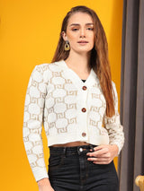 Kotty Women V-Neck Printed Cotton Crop Cardigan