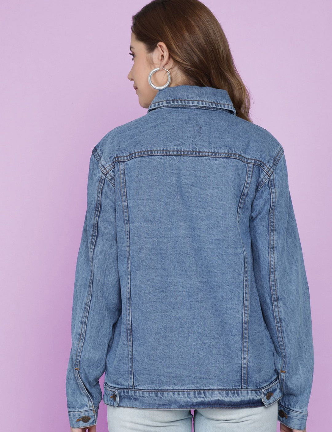 Kotty Women Spread Collar Washed Self Design Cotton Casual Denim Jacket