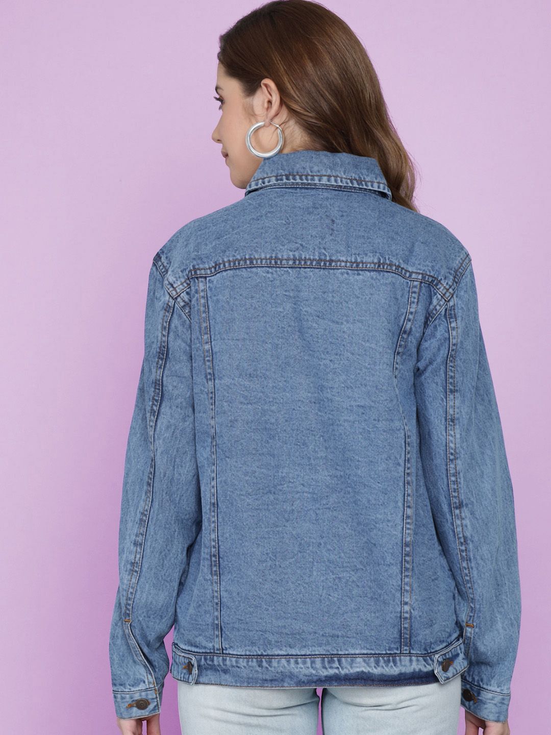 Kotty Women Spread Collar Washed Self Design Cotton Casual Denim Jacket