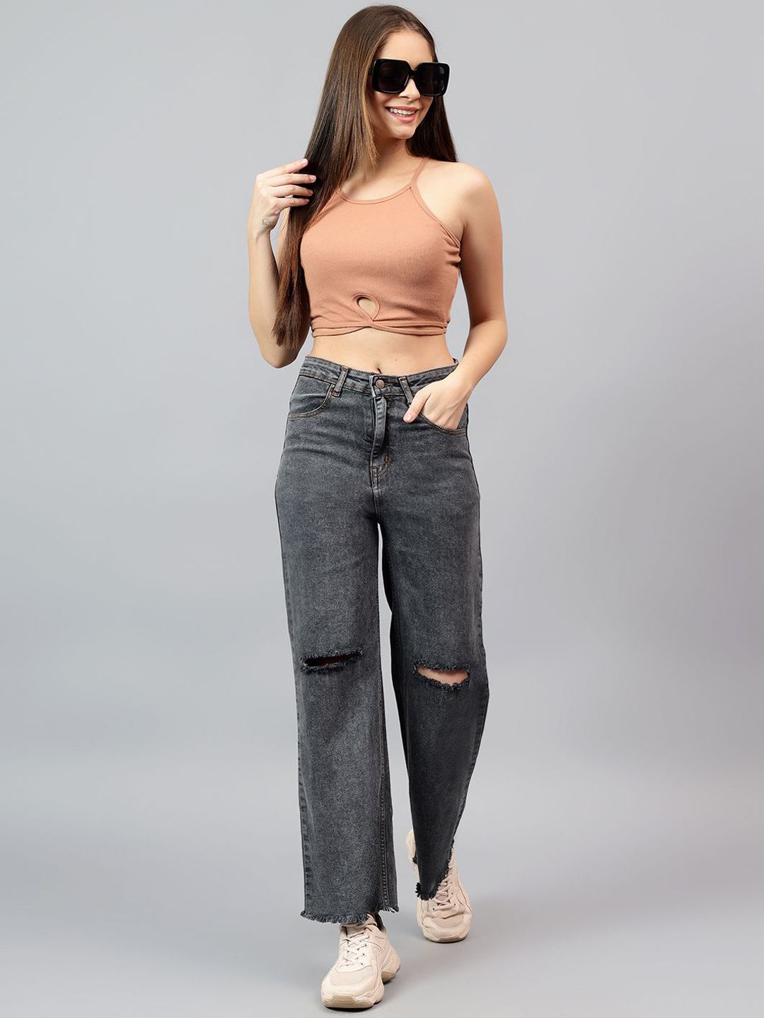 Kotty Women Bootcut High-Rise Cotton Slash Knee Stretchable Jeans