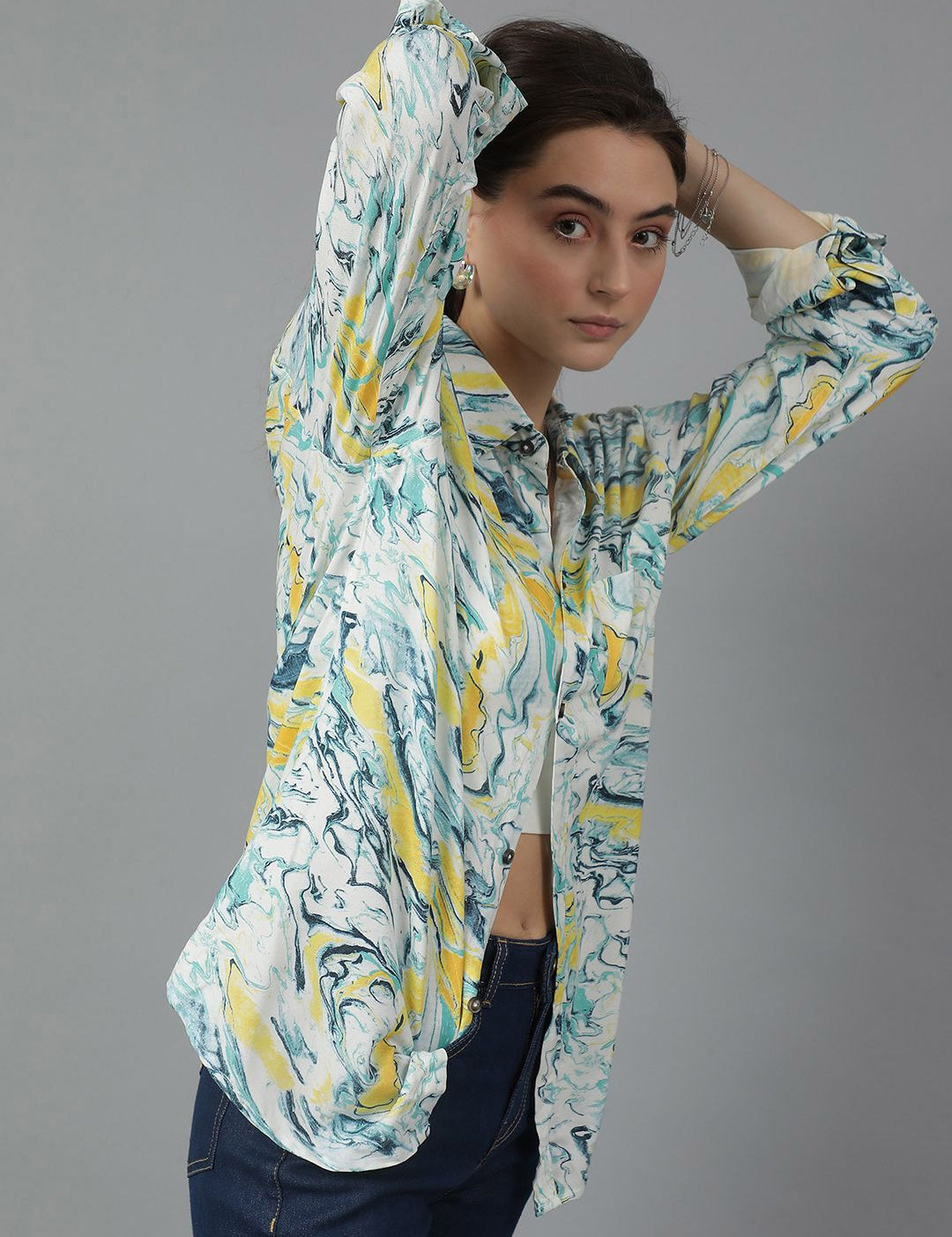 Kotty Women Spread Collar Floral Printed Cotton Oversized Casual Shirt