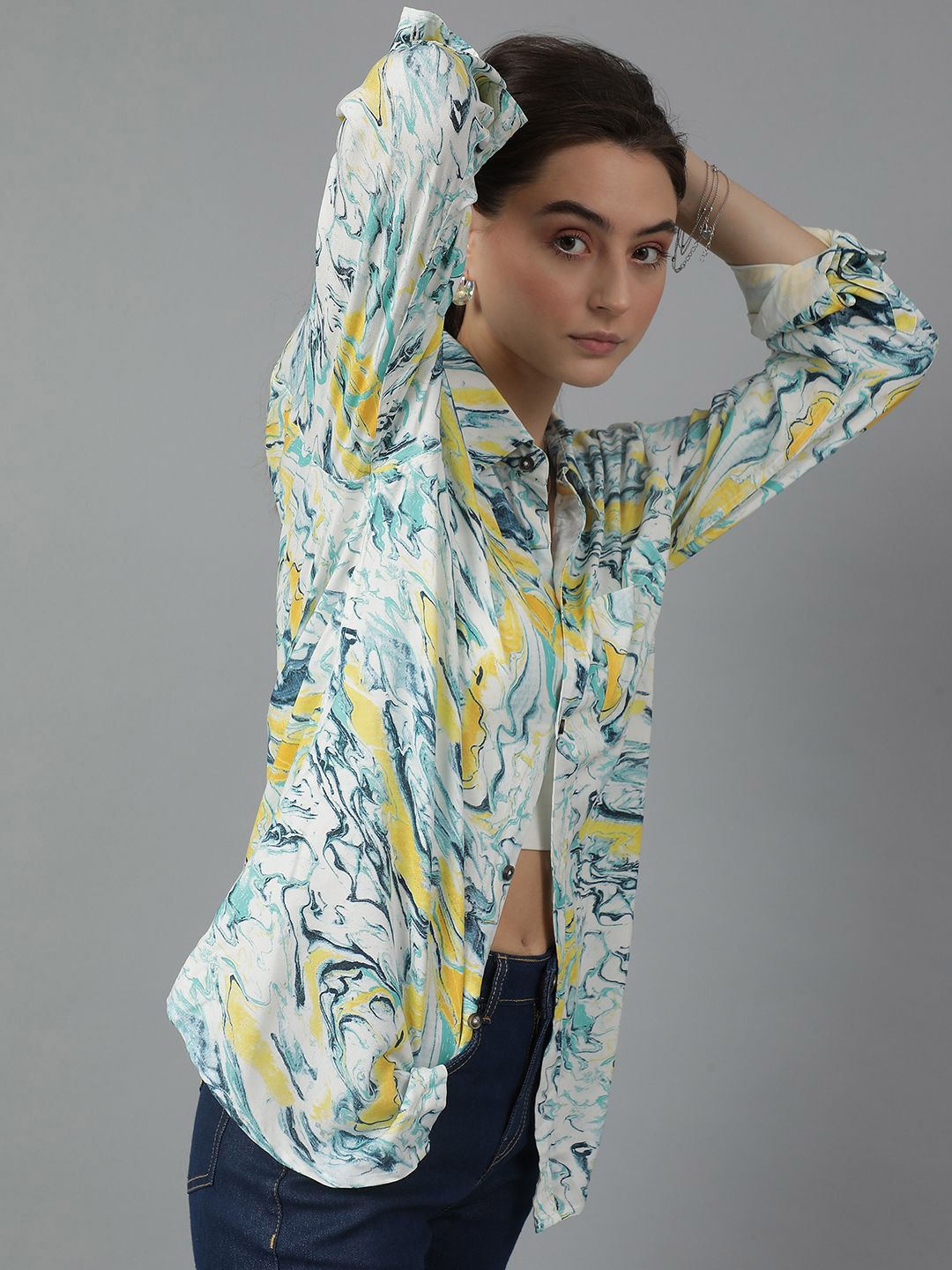 Kotty Women Spread Collar Floral Printed Cotton Oversized Casual Shirt