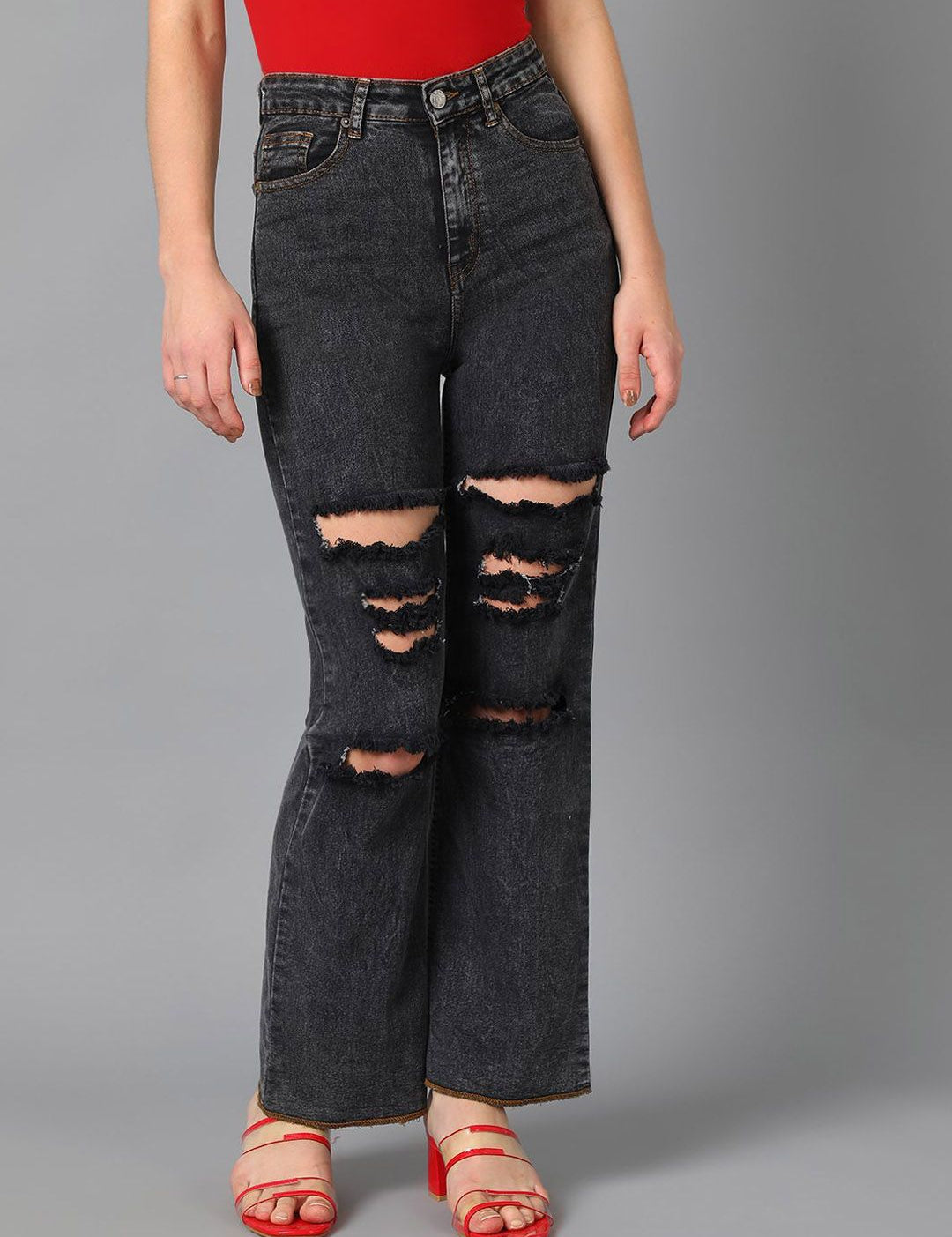 Kotty Women Straight Fit High-Rise Highly Distressed Stretchable Jeans