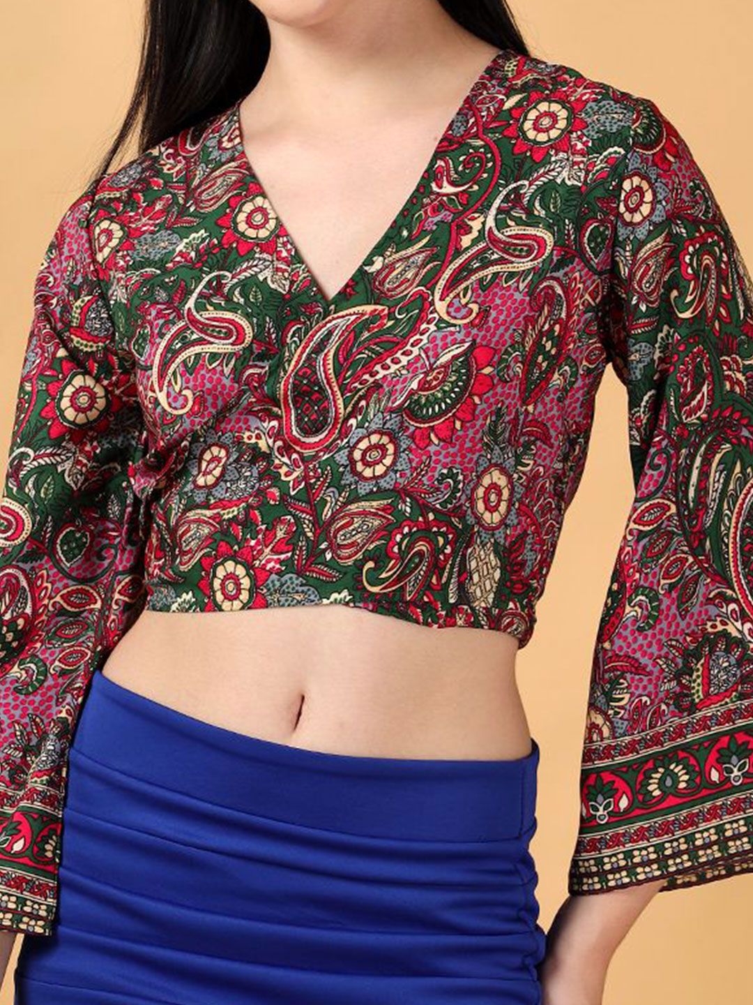 Kotty Floral Print Bell Sleeve Crepe Wrap Crop Top