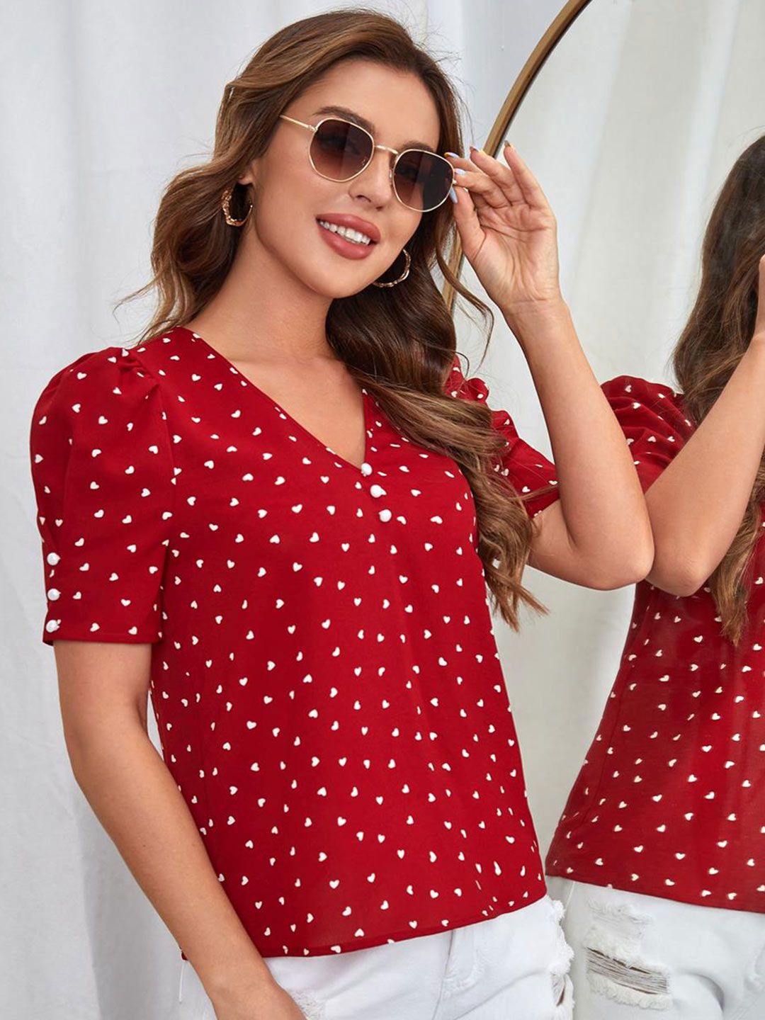 Kotty Geometric Print Puff Sleeve Crepe Wrap Crop Top